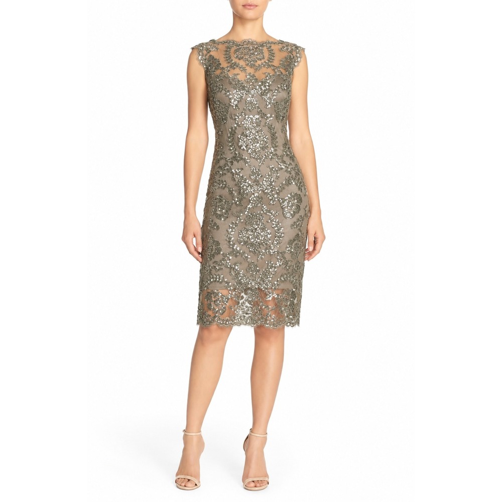 Tadashi Shoji Sequin Illusion Lace Sheath Dress Taupe Champagne Sz 6 Formal
